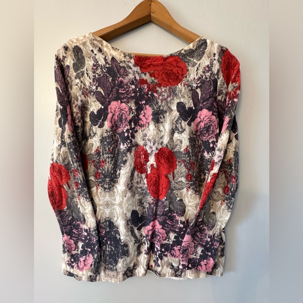 Talbots Floral Merino Wool Long Sleeve Top in Red, Pink, Black, Cream Size LP